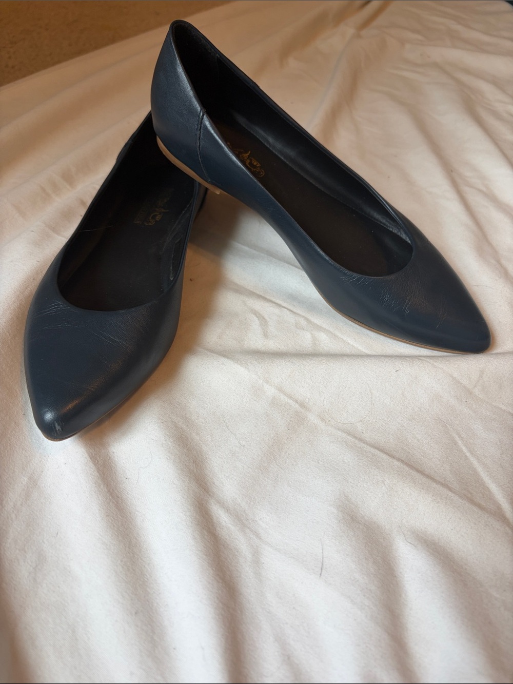 Coach and Four Leather Pointed-Toe Flats in Navy Blue